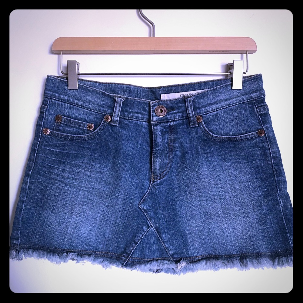 DKNY medium wash denim mini skirt